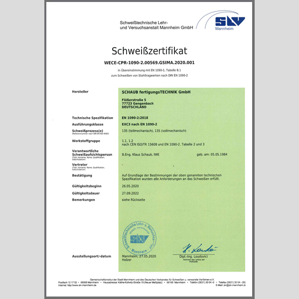 Schaub Zertifikat DIN EN 1090-2 (EXC3)